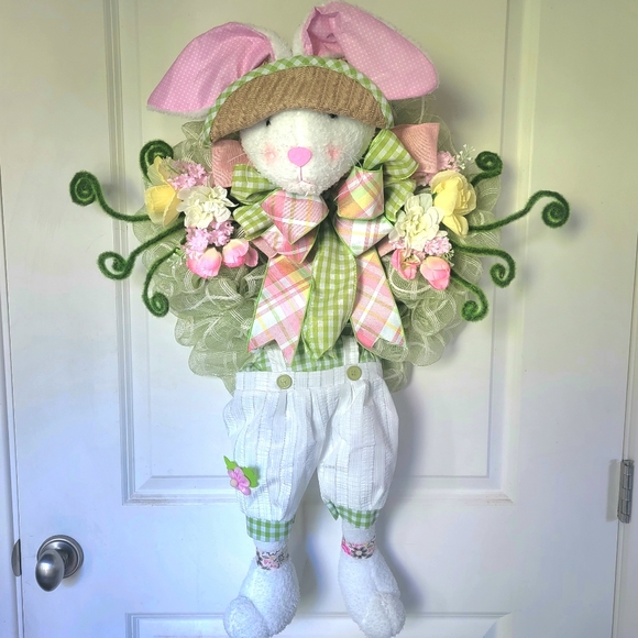 Spring Bunny Deco Mesh Bow Wreath Rabbit Greens Pinks - Picture 13 of 13